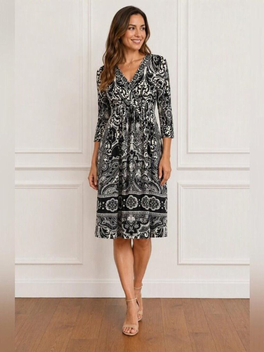 Style & Co Black White Damask Medallion A-line Faux Wrap Dress ¾ Sleeve NWT PP